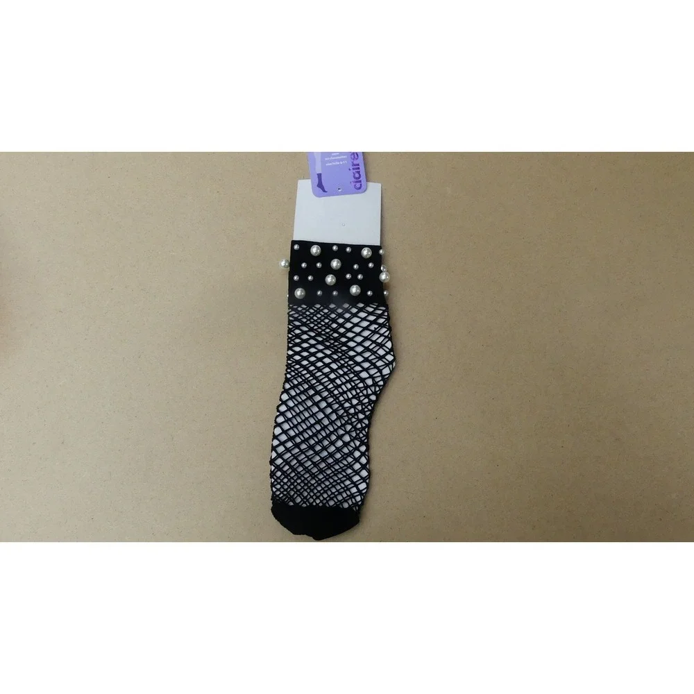 Claire's Fishnet Socks Womens OS Black New Pearl Embellished Ankle Socks